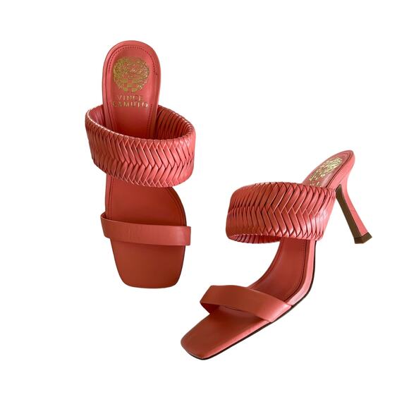 Vince Camuto Emoelee Ultra Coral Woven Strap Tapered Heel Sandals Size 7.5 - Picture 1 of 8
